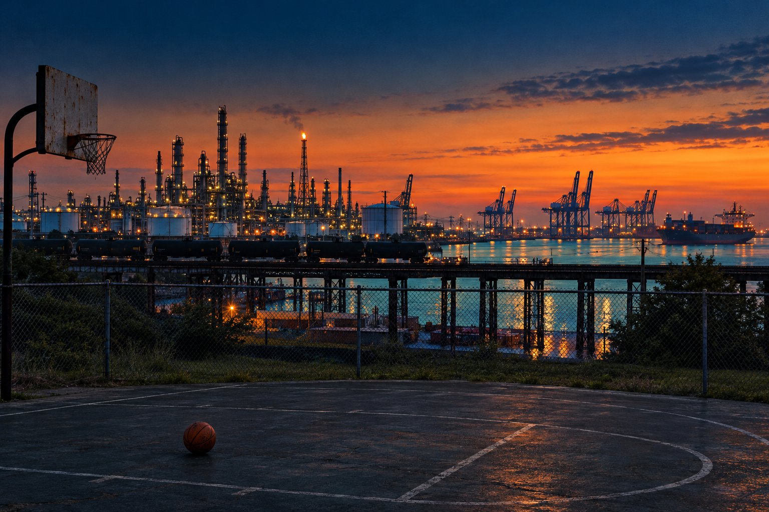 An outdoor basketball court at dusk with a Port Arthur refinery, port cranes, and a freight train on the horizon