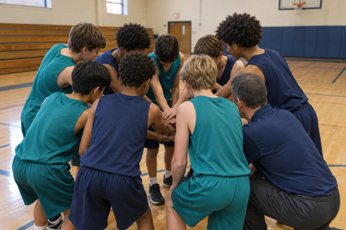 A 13U youth basketball team in teal and navy stacking hands in a huddle with their coach
