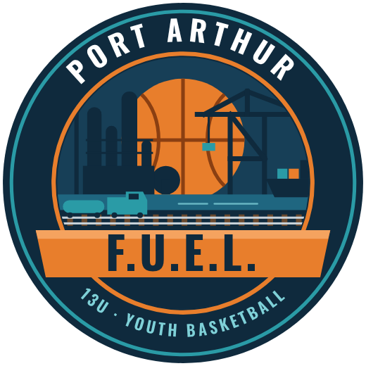 Port Arthur F.U.E.L. 13U badge with a basketball sun, refinery, port crane, ship, and railroad