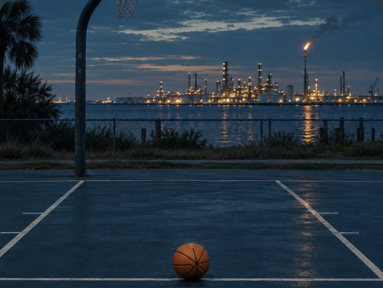 A basketball on an outdoor court at night with a refinery lit up across the water
