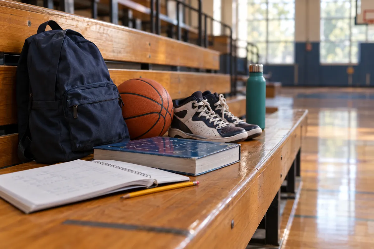 A backpack, textbook, notebook, sneakers, and basketball on gym bleachers
